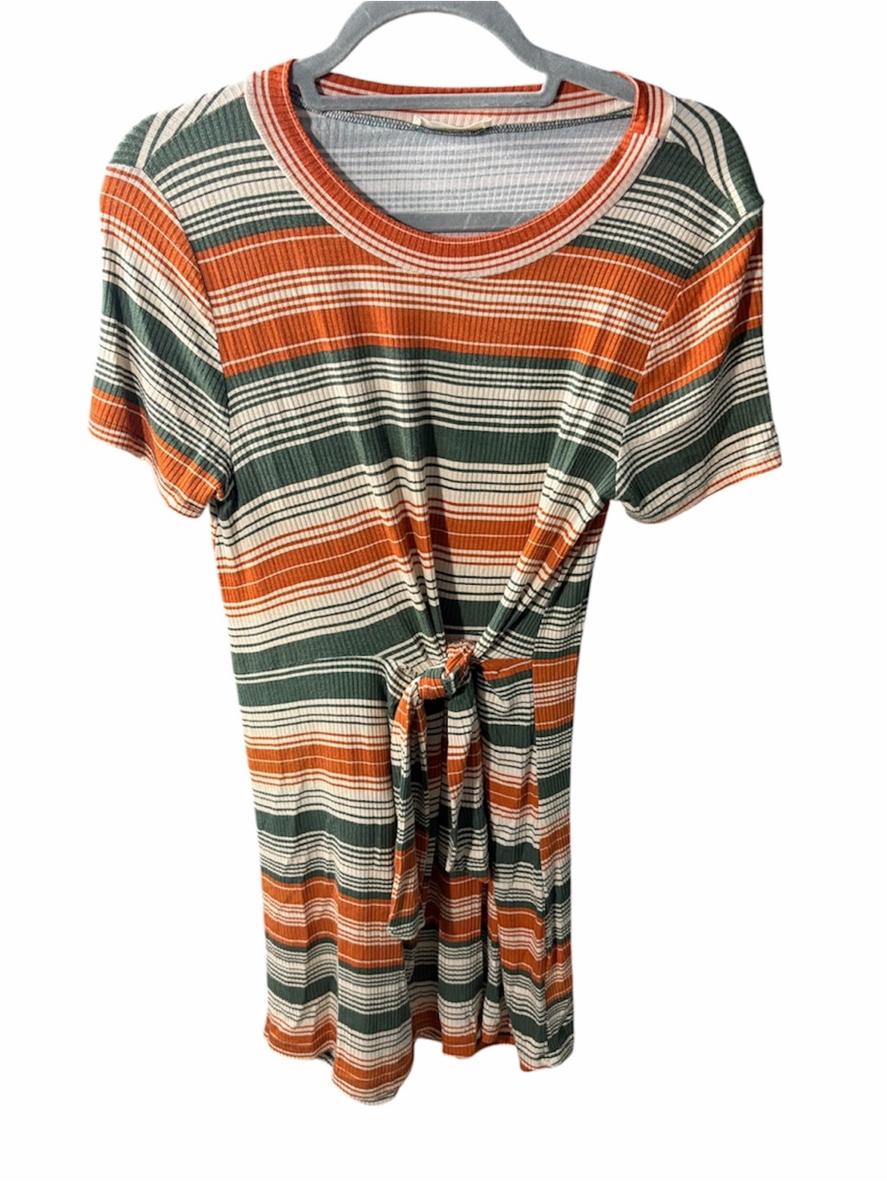 entro Striped Short Sleeve Rayon Tie-Front Dress in Orange, Green & Cream